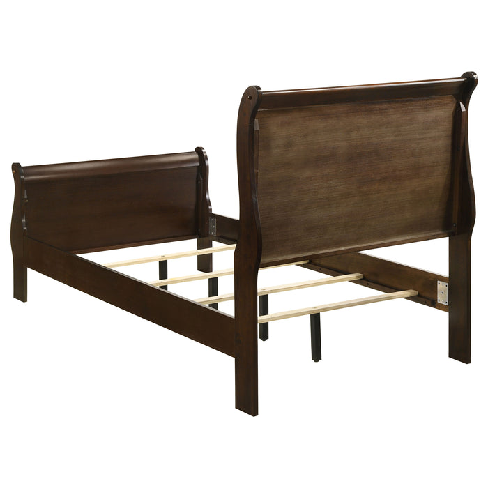 Louis Philippe wood twin sleigh bed in cappuccino finish, featuring curved headboard and footboard, made of sturdy wood.