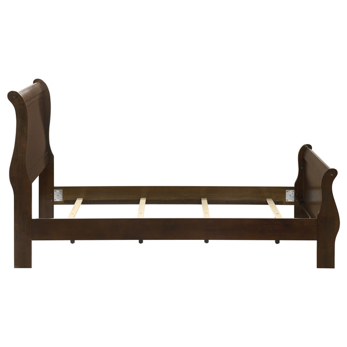 Louis Philippe Wood Twin Sleigh Bed in cappuccino finish, showcasing elegant curved headboard and classic furniture design.