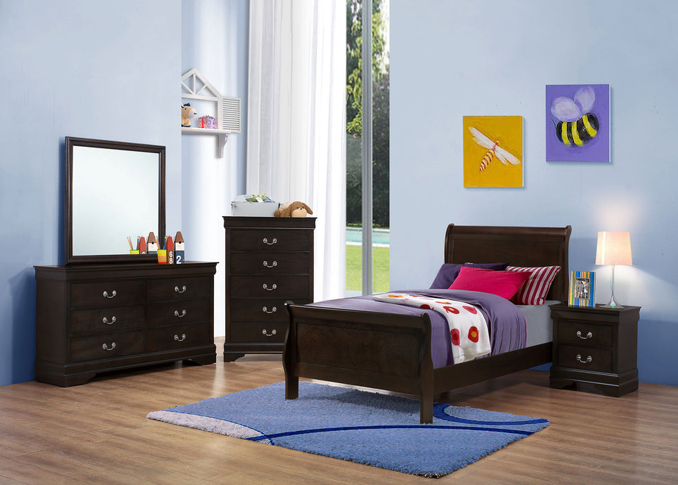 Louis Philippe Wood Twin Sleigh Bed in cappuccino finish, showcasing the elegant wooden frame and classic sleigh design.