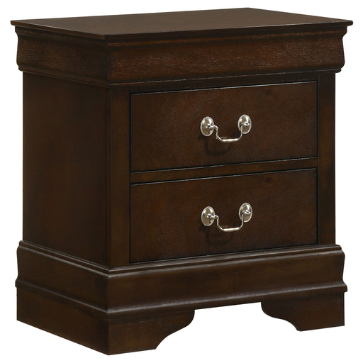 Louis Philippe 2-drawer nightstand in cappuccino finish, featuring sleek wood furniture design with silver-toned drawer handles.
