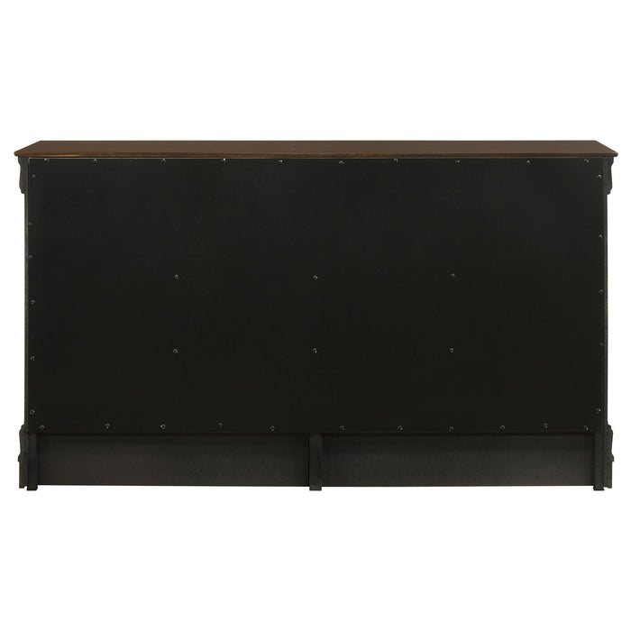 Louis Philippe 6-drawer dresser in cappuccino finish, showcasing sleek wooden furniture with silver handles and ample storage drawers.