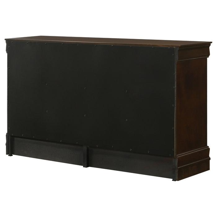 Louis Philippe 6-drawer dresser in cappuccino finish, featuring sleek modern furniture design with silver handles.