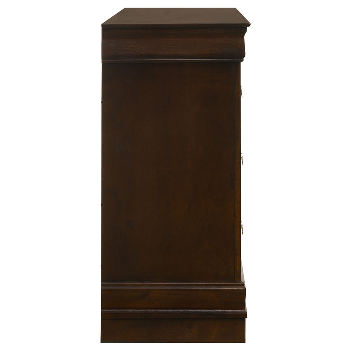 Louis Philippe 6-drawer dresser in cappuccino finish, CoasterEveryday furniture with sleek wood design and modern hardware.