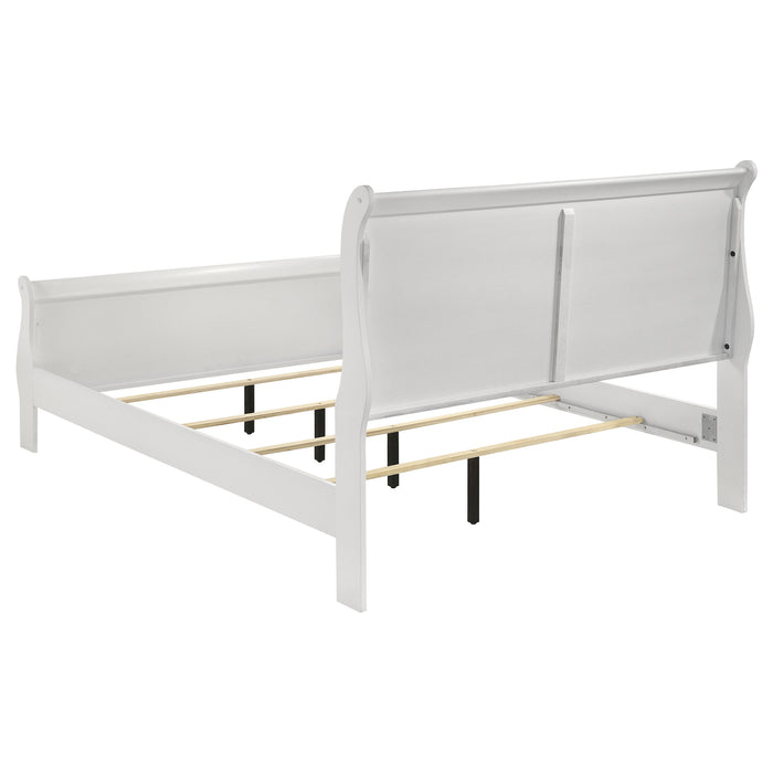 Louis Philippe 4-piece full bedroom set by CoasterEveryday, includes white bed frame, dresser, nightstands, and mirror.