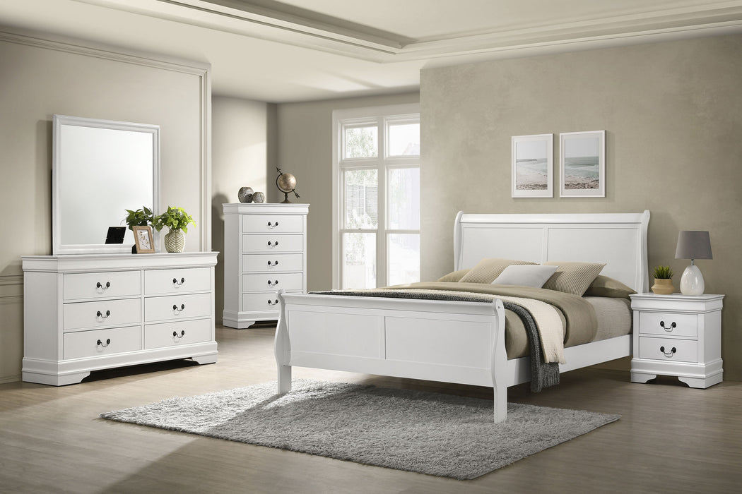 Louis Philippe 5-piece full bedroom set by CoasterEveryday featuring a white finish, includes bed, dresser, and matching furniture pieces.