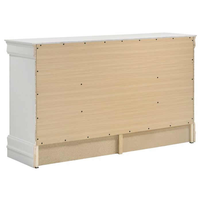 Louis Philippe 5-piece full bedroom furniture set in white, including a bed, dresser, and nightstands, by CoasterEveryday.