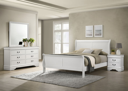 Louis Philippe 4-piece Eastern King bedroom set by CoasterEveryday in white, includes bed frame, dresser, mirror, and nightstands.
