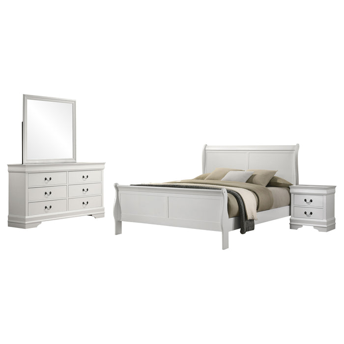 Louis Philippe 4-piece Eastern King bedroom set by CoasterEveryday in white, includes a bed, dresser, mirror, and nightstands.