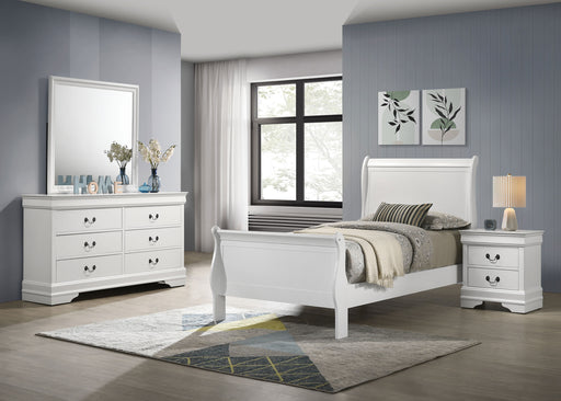 Louis Philippe 4-piece twin bedroom set in white, featuring a bed frame, nightstands, and dresser, crafted by CoasterEveryday.