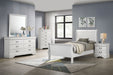 White Louis Philippe 5-piece twin bedroom set by CoasterEveryday, includes bed frame, dresser, and matching furniture pieces.