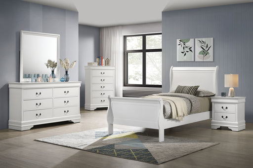 White Louis Philippe 5-piece twin bedroom set by CoasterEveryday, includes bed frame, dresser, and matching furniture pieces.