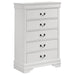 White Louis Philippe 5-drawer bedroom chest by CoasterEveryday, showcasing sleek wooden furniture with five spacious drawers.