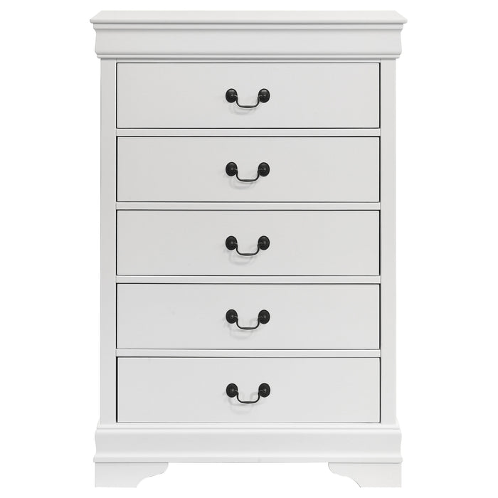 Louis Philippe 5-drawer white bedroom chest by CoasterEveryday, showcasing a sleek furniture piece with five spacious drawers.