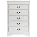Louis Philippe 5-drawer white bedroom chest by CoasterEveryday, showcasing a sleek furniture piece with five spacious drawers.