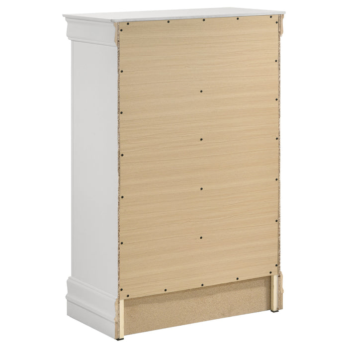 Louis Philippe 5-drawer bedroom chest by CoasterEveryday in white, showcasing a modern furniture piece with five spacious drawers.