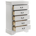 White Louis Philippe 5-drawer bedroom chest by CoasterEveryday, showcasing sleek design and spacious storage drawers.