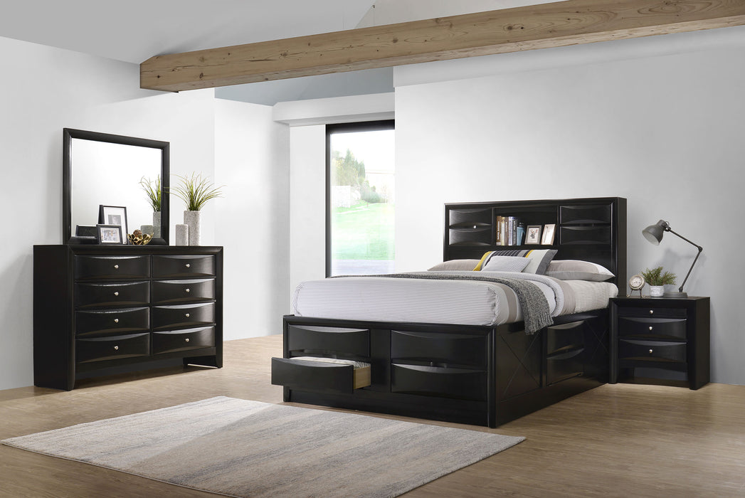 CoasterEssence Briana 4-piece Eastern King bedroom set in black, featuring a bed frame, nightstands, and storage drawers.