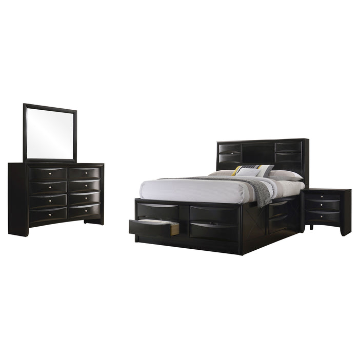 CoasterEssence Briana 4-piece Eastern King bedroom set in black, including bed frame, headboard, nightstands, and dresser furniture.