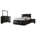 CoasterEssence Briana 4-piece Eastern King bedroom set in black, including bed frame, headboard, nightstands, and dresser furniture.