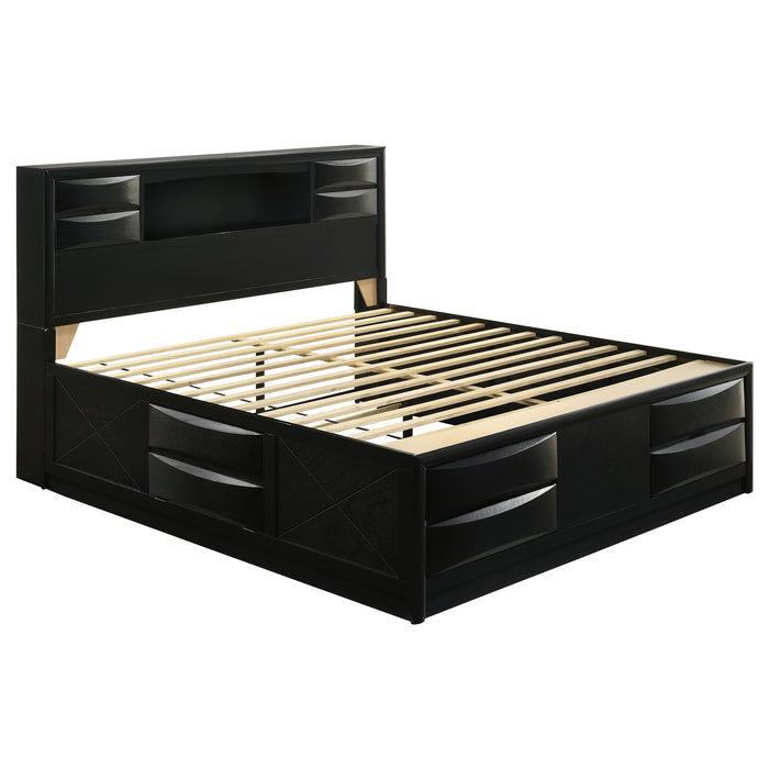 Black Briana 4-piece Eastern King bedroom furniture set by CoasterEssence, including a bed frame, nightstands, and dresser.