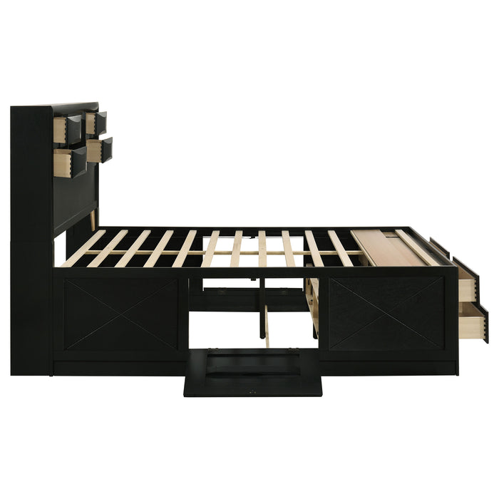 CoasterEssence Briana 4-piece Eastern King bedroom set in black, including a bed frame, nightstands, and dresser with sleek design.