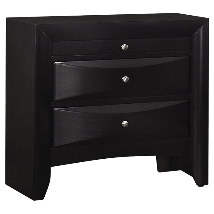 Briana 4-piece Eastern King bedroom set by CoasterEssence in black, includes bed frame, nightstands, and dresser with modern design.