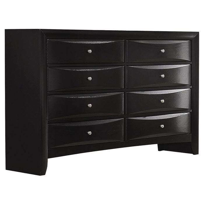 CoasterEssence Briana 5-piece Eastern King bedroom set in black featuring a bed frame, nightstands, dresser, and mirror.