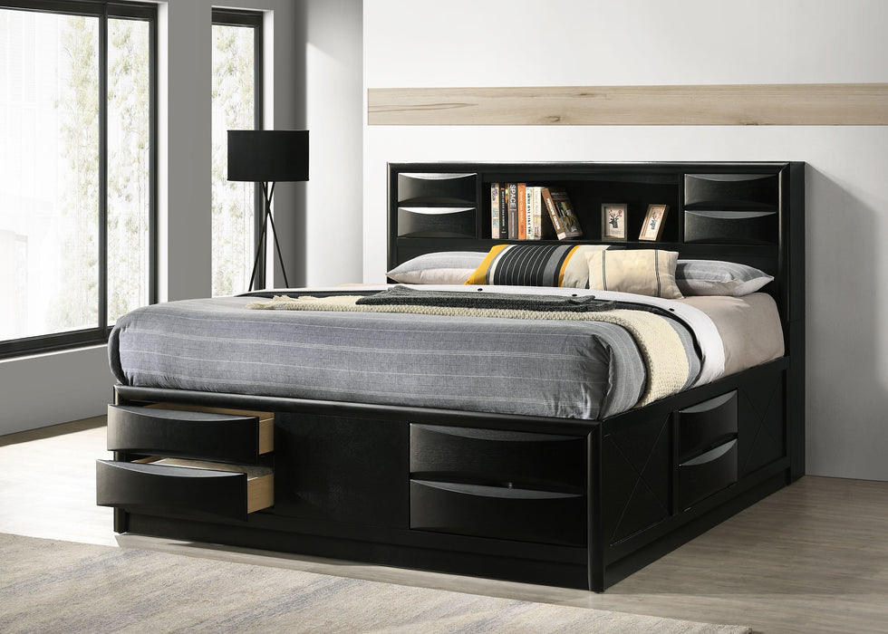 Black Briana Wood Eastern King Storage Bookcase Bed by CoasterEssence with built-in storage drawers and a modern furniture design.