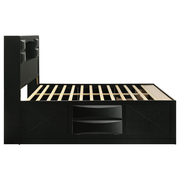 Black Briana Wood Eastern King Storage Bookcase Bed by CoasterEssence with built-in storage drawers and classic furniture design.