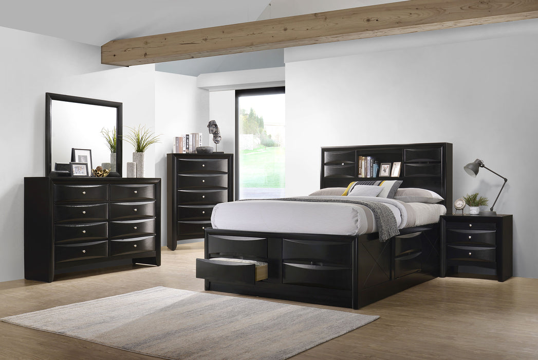 CoasterEssence Briana 5-piece California King bedroom set in black, including bed frame, nightstands, and dresser, stylish bedroom furniture.