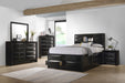 CoasterEssence Briana 5-piece California King bedroom set in black, including bed frame, nightstands, and dresser, stylish bedroom furniture.