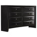 CoasterEssence Briana black California king bedroom furniture set includes a bed frame, nightstands, and dresser in a sleek design.