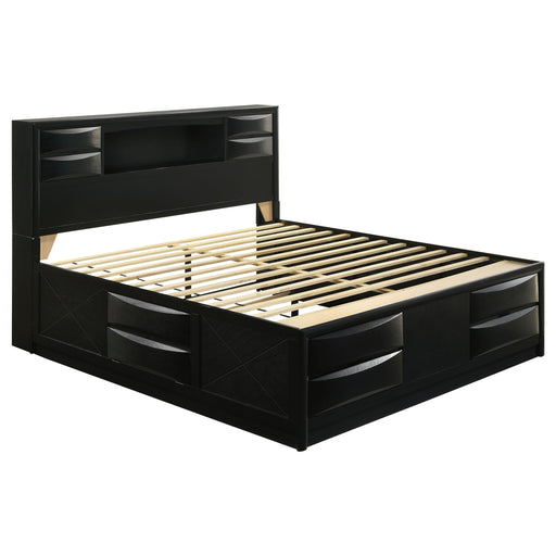 Black Briana Wood California King Storage Bookcase Bed by CoasterEssence, showcasing the bed with integrated storage drawers and modern design.