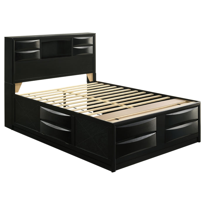 Black Briana 4-piece queen bedroom set by CoasterEssence featuring a bed frame, nightstands, and dresser in a modern furniture style.