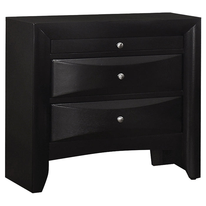 CoasterEssence Briana 4-piece black queen bedroom set with a bed frame, dresser, and nightstands, showcasing modern furniture design