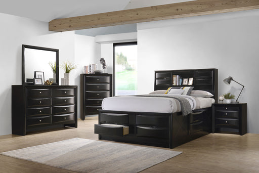 CoasterEssence Briana 5-piece queen bedroom set in black with bed frame, nightstands, and dresser, modern bedroom furniture.
