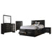CoasterEssence Briana 5-piece Queen bedroom set in black, including bed frame, nightstands, dresser, and mirror, in a modern bedroom scene.