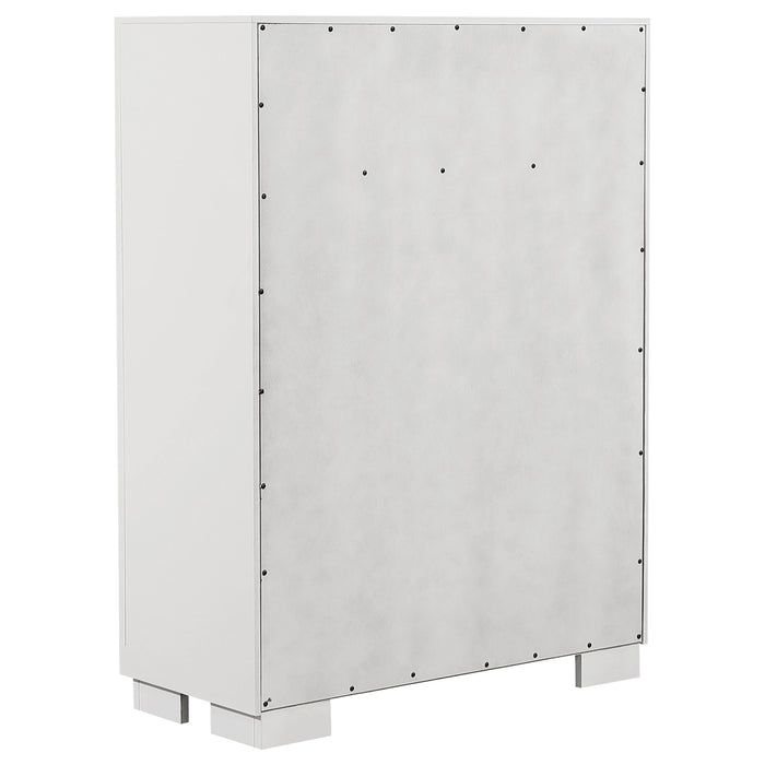 CoasterEssence Jessica 6-piece Eastern King LED bedroom set in snow white, including bed frame, nightstands, and storage components.