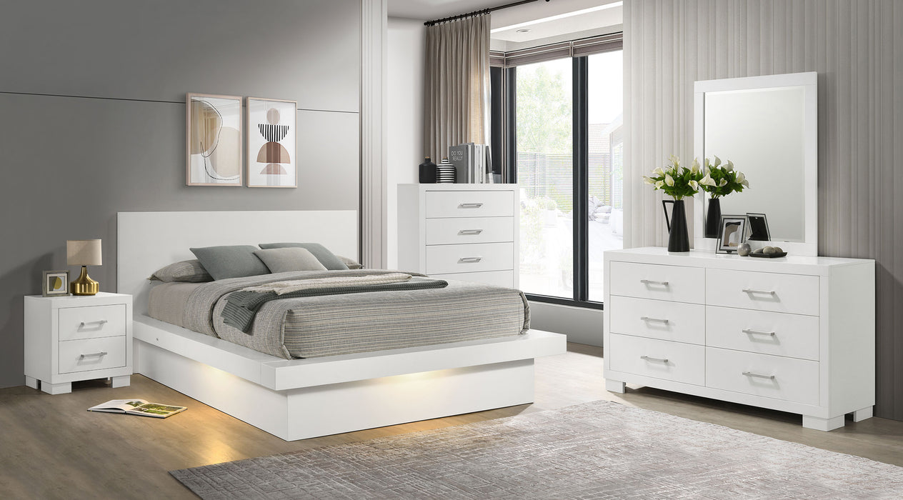 Jessica 5-piece Queen LED bedroom set by CoasterEssence featuring white furniture with integrated LED lighting and modern design.