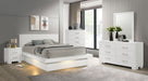 Jessica 5-piece Queen LED bedroom set by CoasterEssence featuring white furniture with integrated LED lighting and modern design.