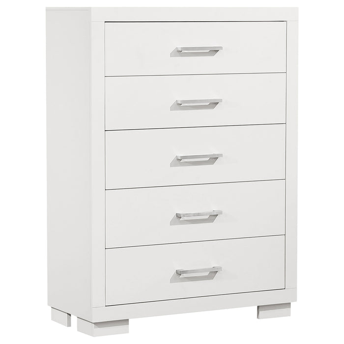 Jessica 6-piece Queen LED bedroom furniture set in snow white by CoasterEssence, includes bed, nightstands, and dresser.
