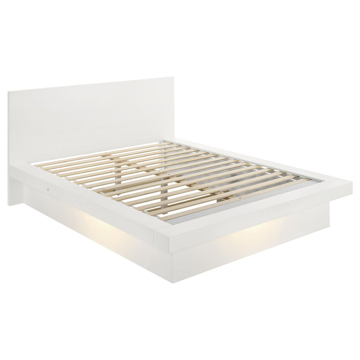 Jessica Wood Queen LED Panel Bed in snow white with modern design and built-in lighting, made by CoasterEssence.