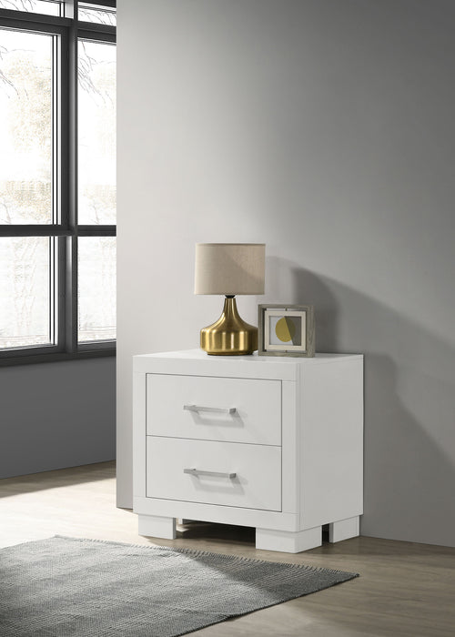 CoasterEssence Jessica 2-drawer nightstand in snow white with sleek drawers and modern furniture design.