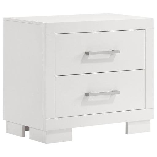 Jessica 2-drawer nightstand by CoasterEssence in snow white finish, showing the furniture's sleek design and handle details.
