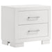 Jessica 2-drawer nightstand by CoasterEssence in snow white finish, showing the furniture's sleek design and handle details.