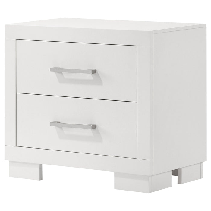 Jessica 2-drawer nightstand in snow white wood finish, featuring sleek handles and modern furniture design by CoasterEssence.