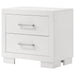 Jessica 2-drawer nightstand in snow white wood finish, featuring sleek handles and modern furniture design by CoasterEssence.