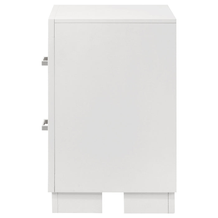CoasterEssence Jessica 2-drawer nightstand in snow white with sleek modern design and silver handles for bedroom furniture.