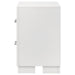 CoasterEssence Jessica 2-drawer nightstand in snow white with sleek modern design and silver handles for bedroom furniture.