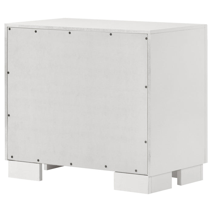 Jessica 2-drawer nightstand in snow white finish, featuring sleek furniture design with silver handles, by CoasterEssence.